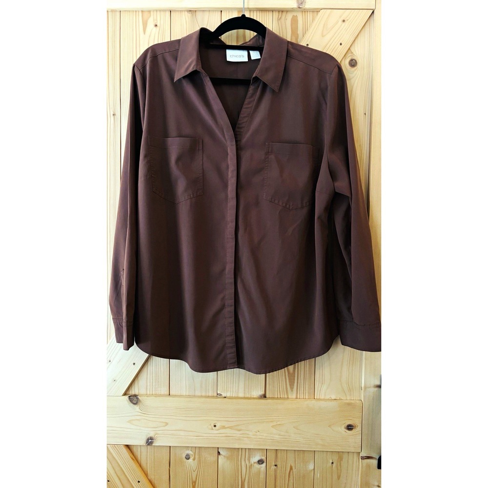 Chico's Womens Brown Solid Button-Up Collared Long Sleeve Blouse XL Pockets